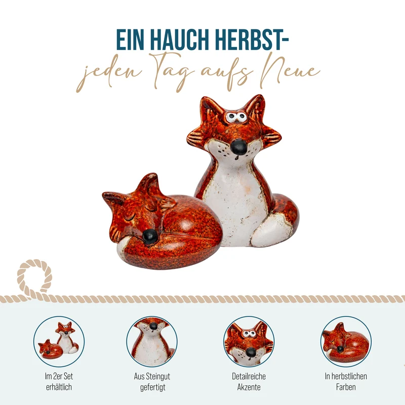 2er Set Fuchsfiguren aus Steingut – Herbstdeko in Orange-Weiß