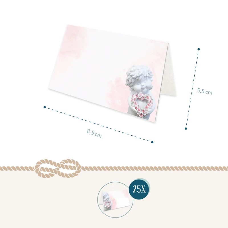Tischkarten Taufe und Kommunion 25 Stück mit Engel in Rosa-Weiß, 8,5 × 5,5 cm