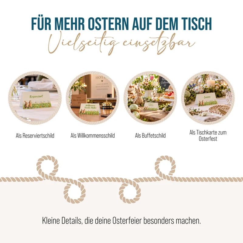 Tischkarten Ostern 25 Stück mit Hasen auf Blumenwiese, 8,5 × 5,5 cm