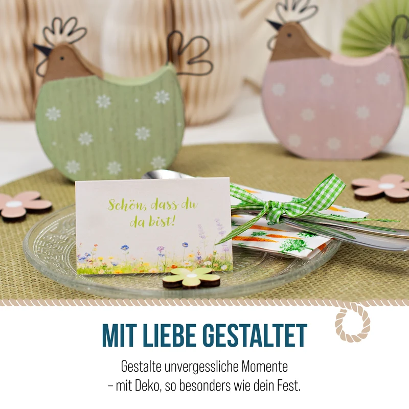 Tischkarten Ostern 25 Stück mit Hasen auf Blumenwiese, 8,5 × 5,5 cm