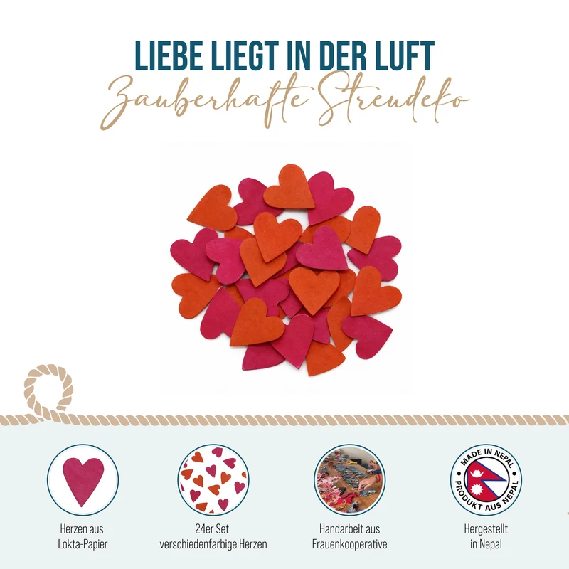 Herz-Konfetti Rot Magenta aus Lokta-Naturpapier ca. 3x4 cm, biologisch abbaubar
