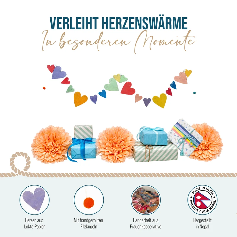 Bunte Herzgirlande in Herzen in zwei Größen, mehrfarbig, 4-7 cm