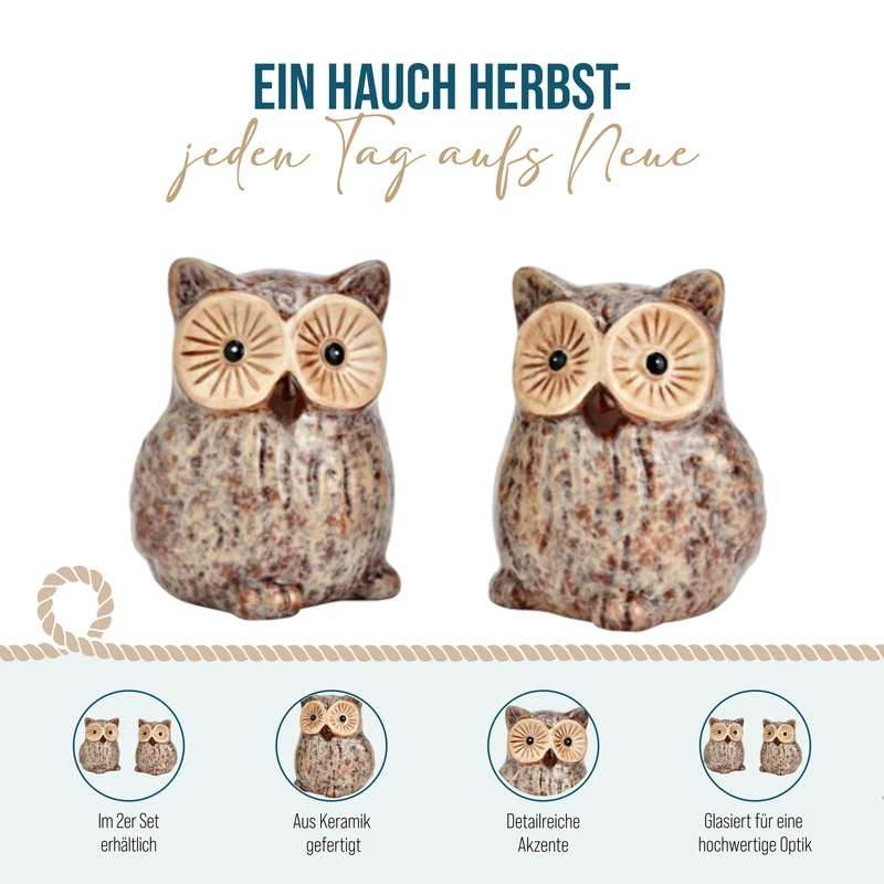 2er Set Eulen aus Keramik – Herbstdeko in Braun und Beige