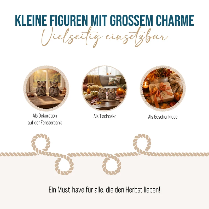 2er Set Eulen aus Keramik – Herbstdeko in Braun und Beige