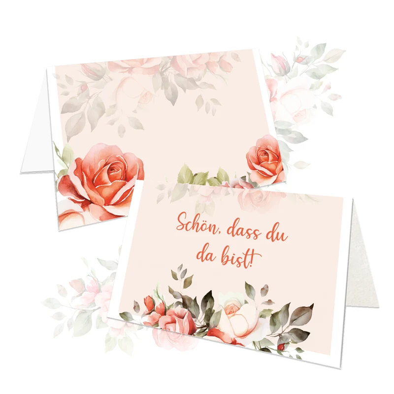 Tischkarten Hochzeit 25 Stück mit Rosenmotiv in Rosa, 8,5 × 5,5 cm