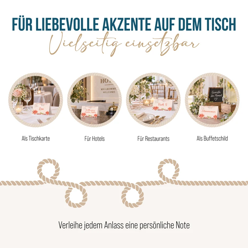 Tischkarten Hochzeit 25 Stück mit Rosenmotiv in Rosa, 8,5 × 5,5 cm