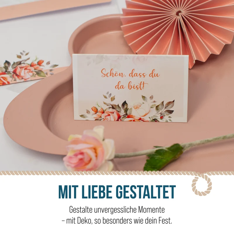 Tischkarten Hochzeit 25 Stück mit Rosenmotiv in Rosa, 8,5 × 5,5 cm