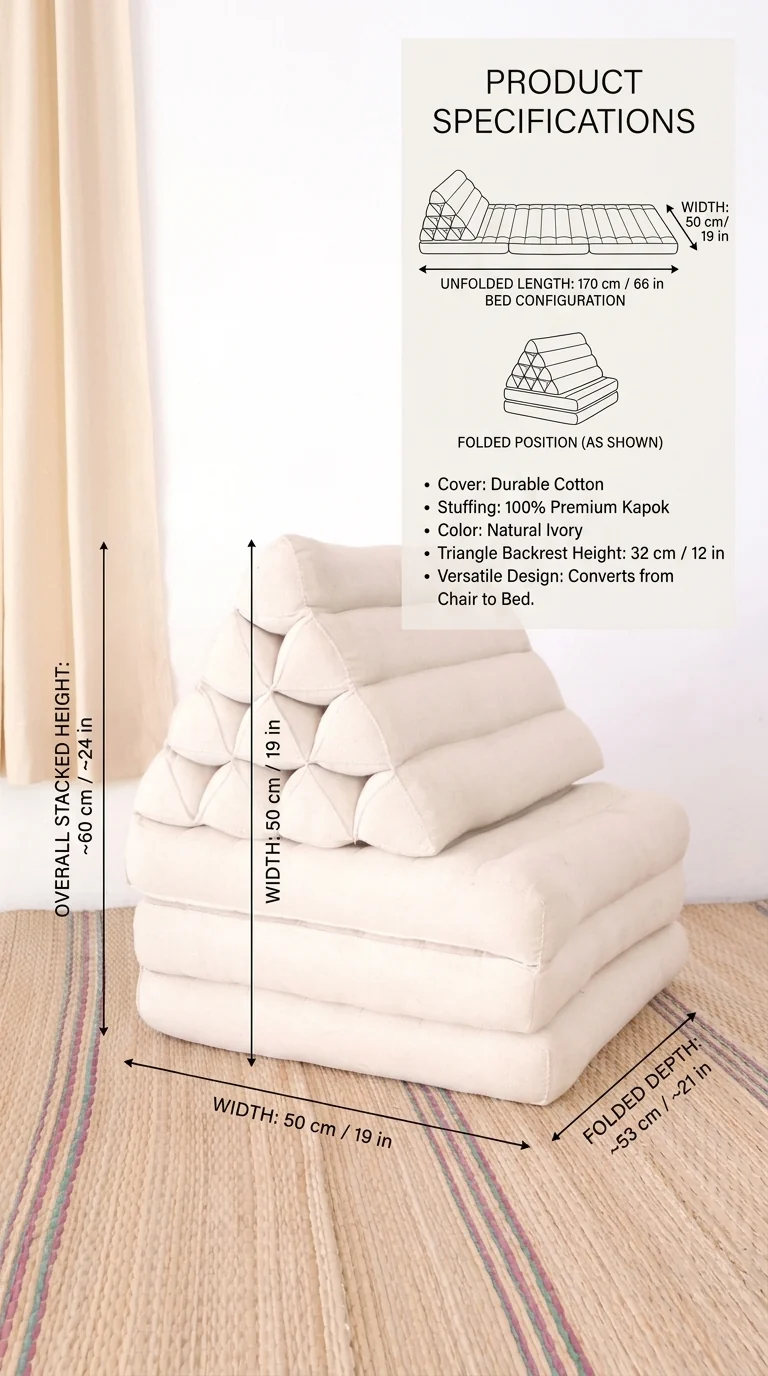 White Cotton Thai Triangle Cushion 3-Fold — Boho Foldable Floor Pillow for Meditation