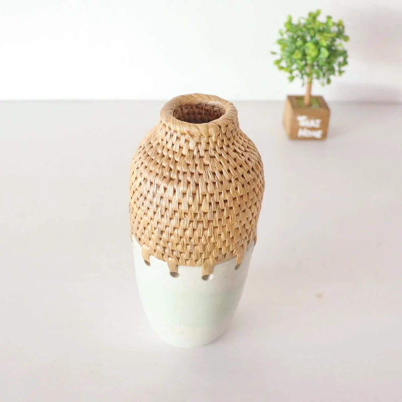 RA NI Ceramic and Handwoven Seagrass Vase