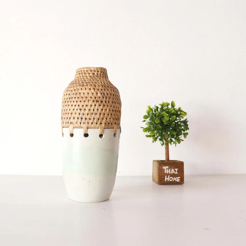 RA NI Ceramic and Handwoven Seagrass Vase