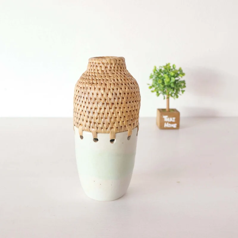 RA NI Ceramic and Handwoven Seagrass Vase
