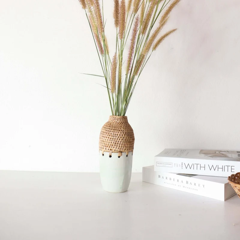 RA NI Ceramic and Handwoven Seagrass Vase