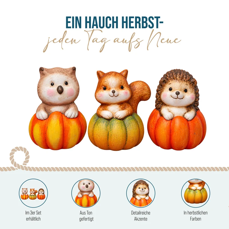 3er Set Kürbisfiguren mit Waldtieren – Igel, Eule und Eichhörnchen