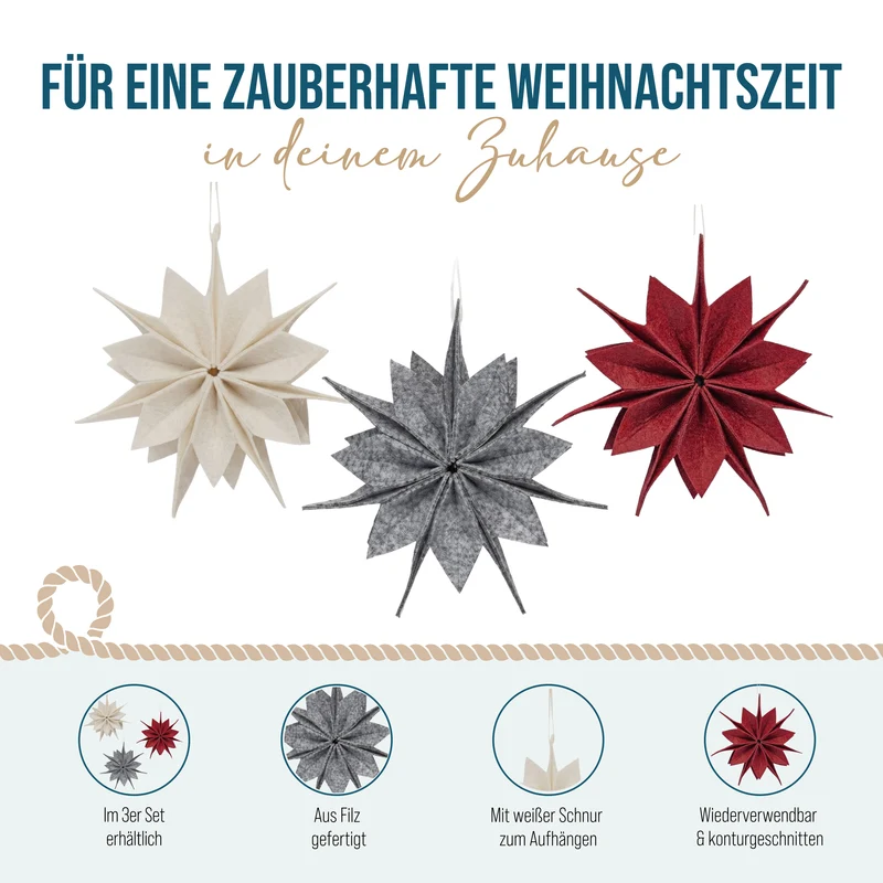 3er Set Filzsterne zum Aufhängen – Rot, Grau und Weiß, 15 cm