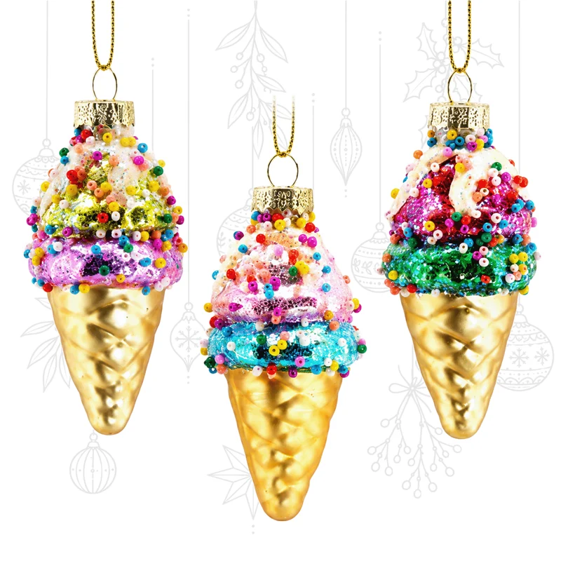 Christbaumschmuck Eistüten Glas 3er Set mit Perlenbesatz