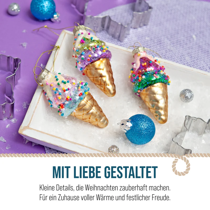 Christbaumschmuck Eistüten Glas 3er Set mit Perlenbesatz