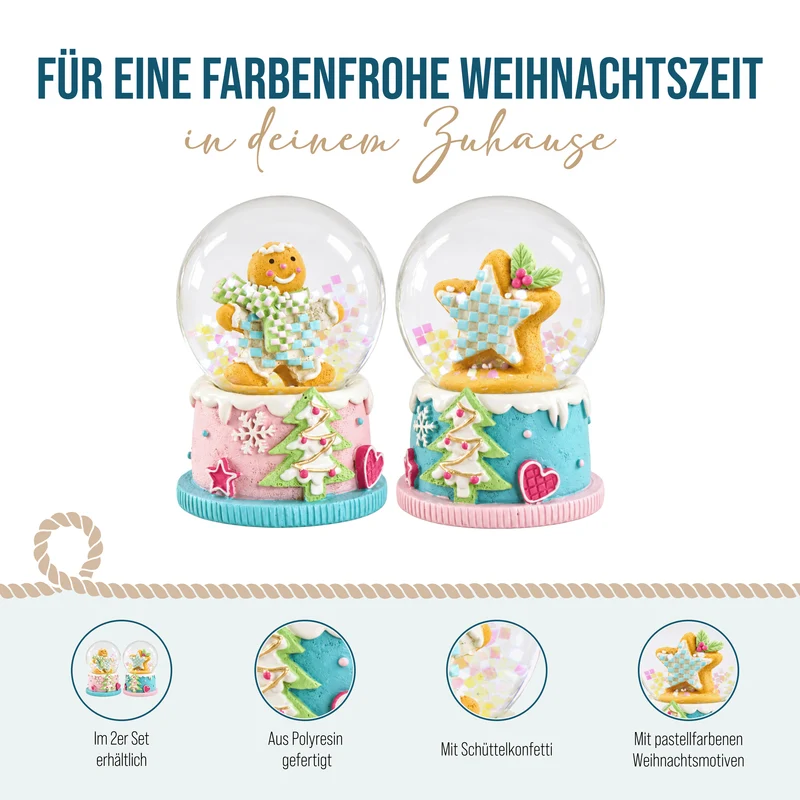 Schneekugeln Lebkuchen Optik 2er Set Pastell ca. 5 × 6,5 cm