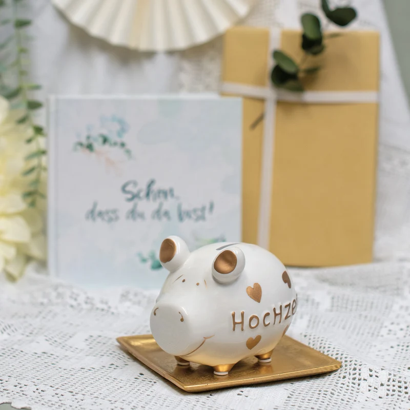 Sparschwein Hochzeit Keramik Weiß Gold 12,5 cm Spardose Geldgeschenk