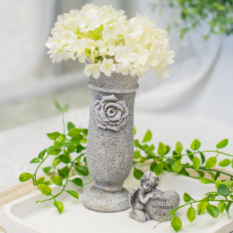 Grabvase mit Rose Antik Grau Polyresin ca. 17 cm Grabdeko Blumenvase