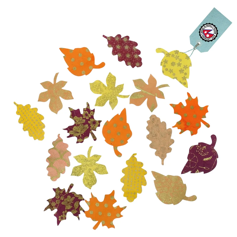 Herbstblätter-Konfetti aus Lokta-Naturpapier – handgefertigt in Nepal, H: 11cm, bunt mit Gold – nachhaltige Herbst- & Halloween-Streudeko