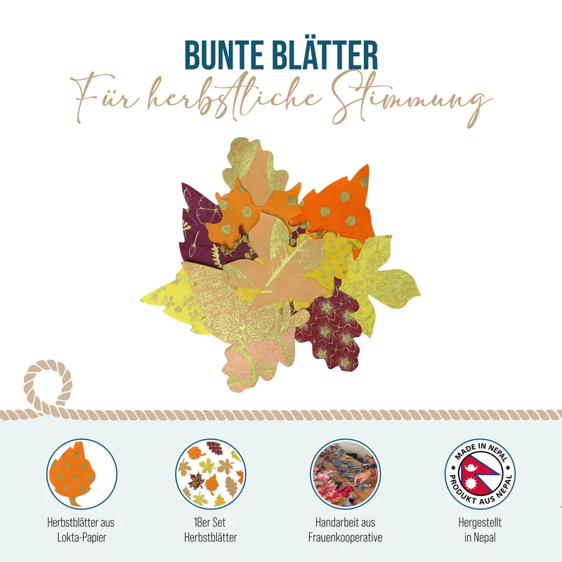 Herbstblätter-Konfetti aus Lokta-Naturpapier – handgefertigt in Nepal, H: 11cm, bunt mit Gold – nachhaltige Herbst- & Halloween-Streudeko