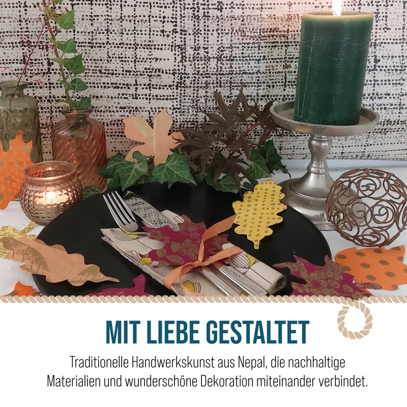 Herbstblätter-Konfetti aus Lokta-Naturpapier – handgefertigt in Nepal, H: 11cm, bunt mit Gold – nachhaltige Herbst- & Halloween-Streudeko