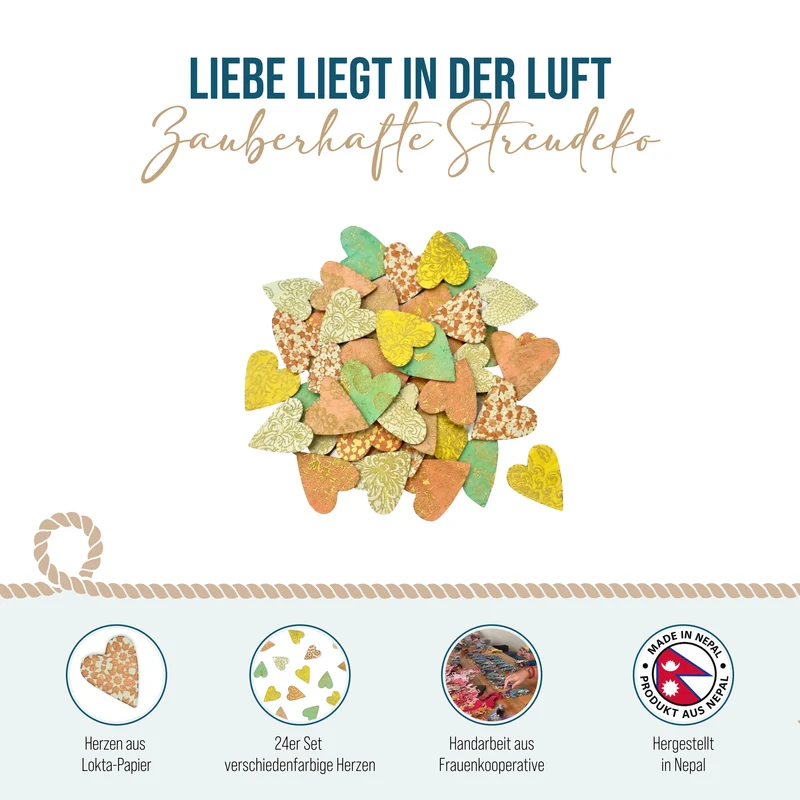 Streudeko Herzen Gold 24er-Set aus Naturpapier 3 x 4 cm handgefertigt in Nepal