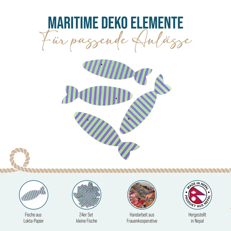 Streudeko Fische 24er-Set aus Naturpapier ca. 6 cm handgefertigt in Nepal