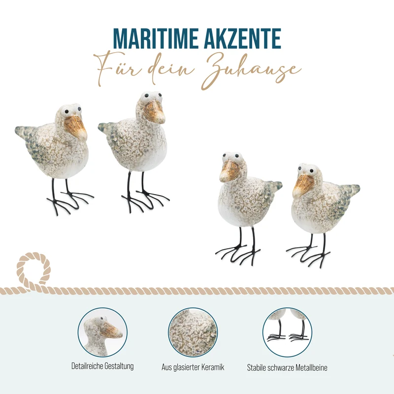 2er Set Möwe Figuren mit Metallbeinen 10,2 × 5,2 × 12 cm aus Keramik weiß orange – Maritime Deko Seevögel