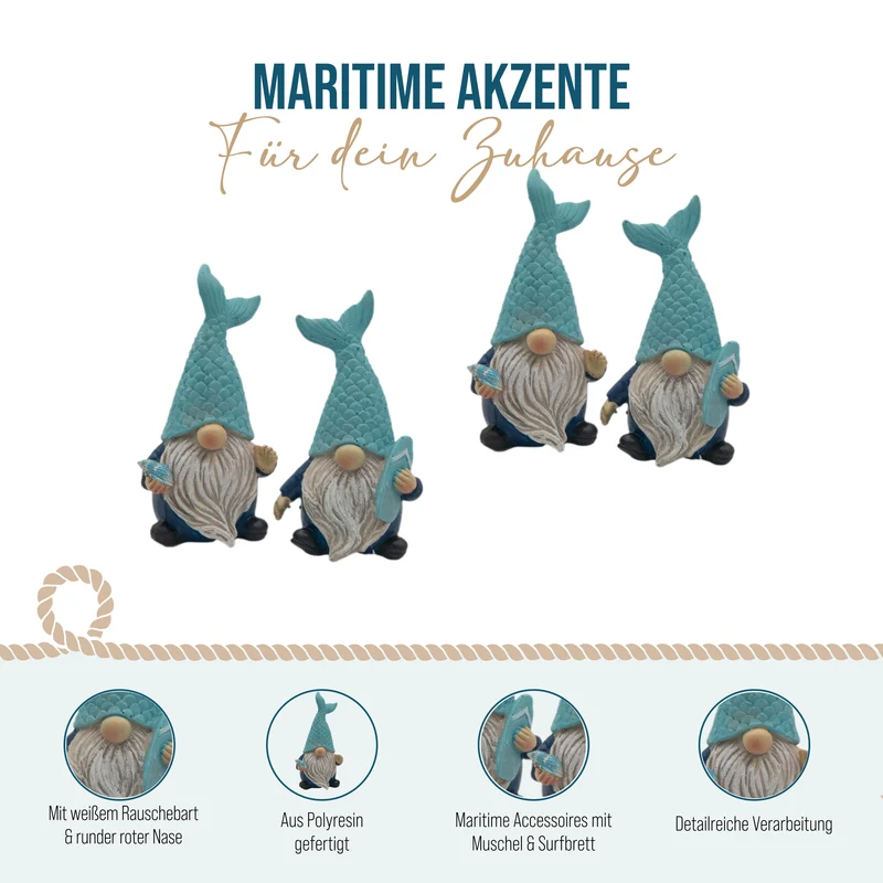 2er Set Wichtel Maritim mit Fischschwanz-Mütze 5,5 × 4,5 × 10,5 cm aus Polyresin blau weiß – Maritime Deko Gnome