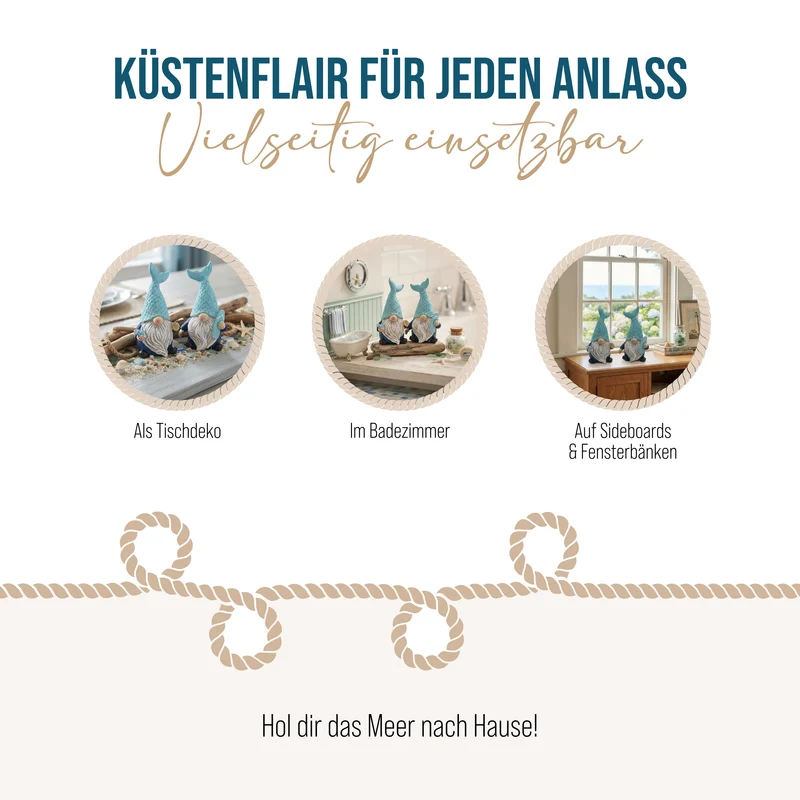 2er Set Wichtel Maritim mit Fischschwanz-Mütze 5,5 × 4,5 × 10,5 cm aus Polyresin blau weiß – Maritime Deko Gnome