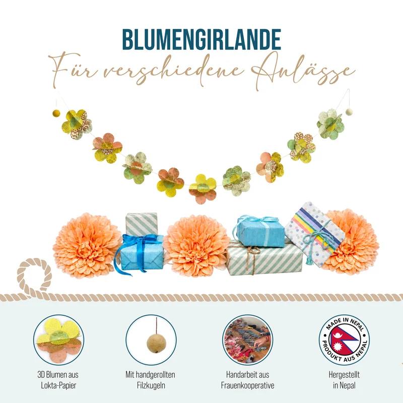 3D-Blumen-Girlande aus Naturpapier 183 cm - handgefertigt in Nepal