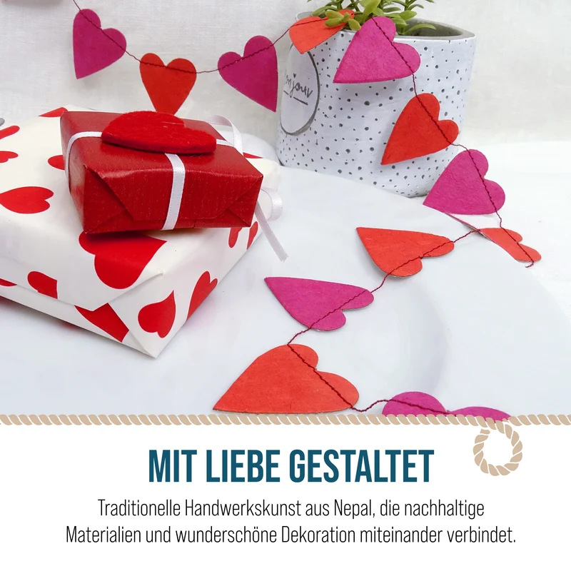 Mini Girlande Herzen rot & magenta aus Naturpapier 100 cm handgefertigt in Nepal