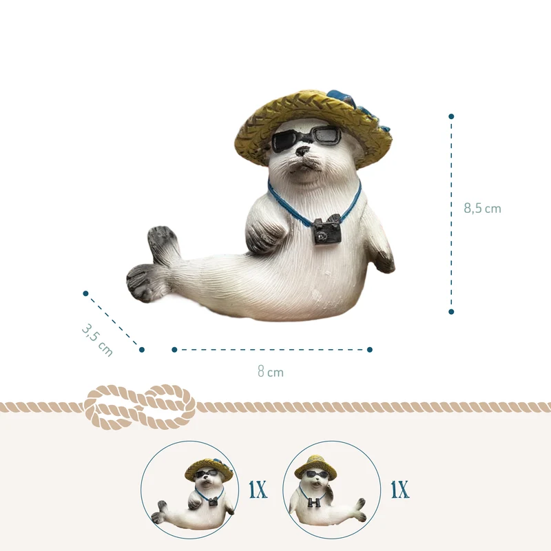 2er Set Seehund Figuren mit Strohhut und Sonnenbrille 8,5 × 3,5 × 8 cm aus Polyresin grau matt – Maritime Deko Robben