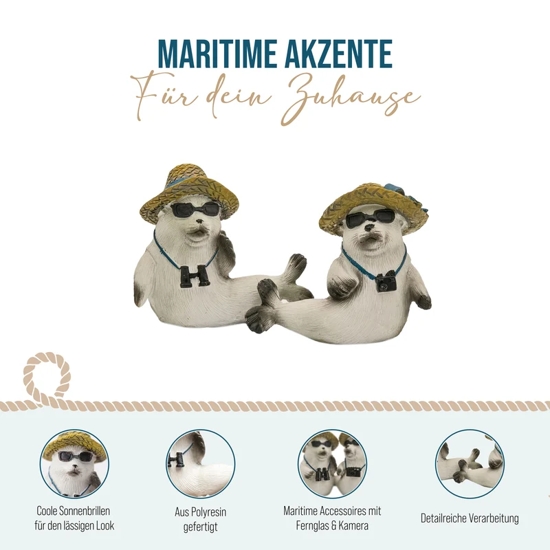 2er Set Seehund Figuren mit Strohhut und Sonnenbrille 8,5 × 3,5 × 8 cm aus Polyresin grau matt – Maritime Deko Robben