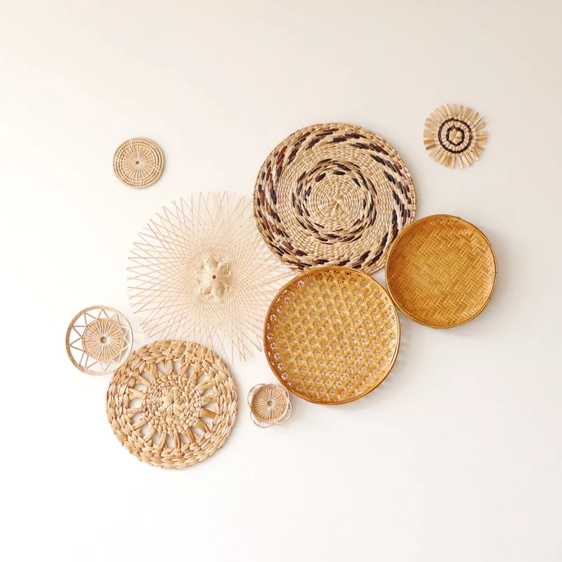 Natural & Brown Mixed Bamboo Wall Decor Set of 9 — Boho Handwoven Spotted Basket Gallery Wall Art