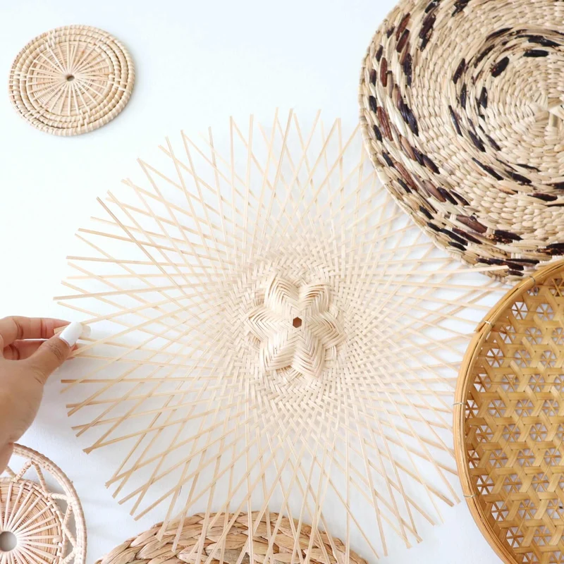Natural & Brown Mixed Bamboo Wall Decor Set of 9 — Boho Handwoven Spotted Basket Gallery Wall Art