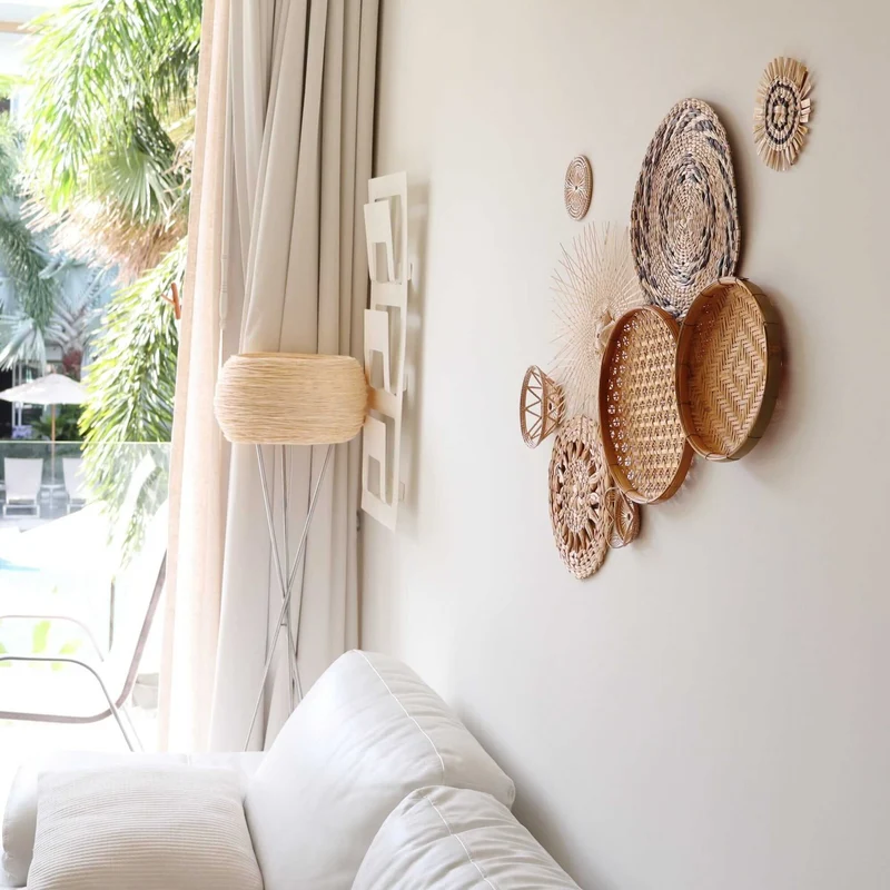 Natural & Brown Mixed Bamboo Wall Decor Set of 9 — Boho Handwoven Spotted Basket Gallery Wall Art