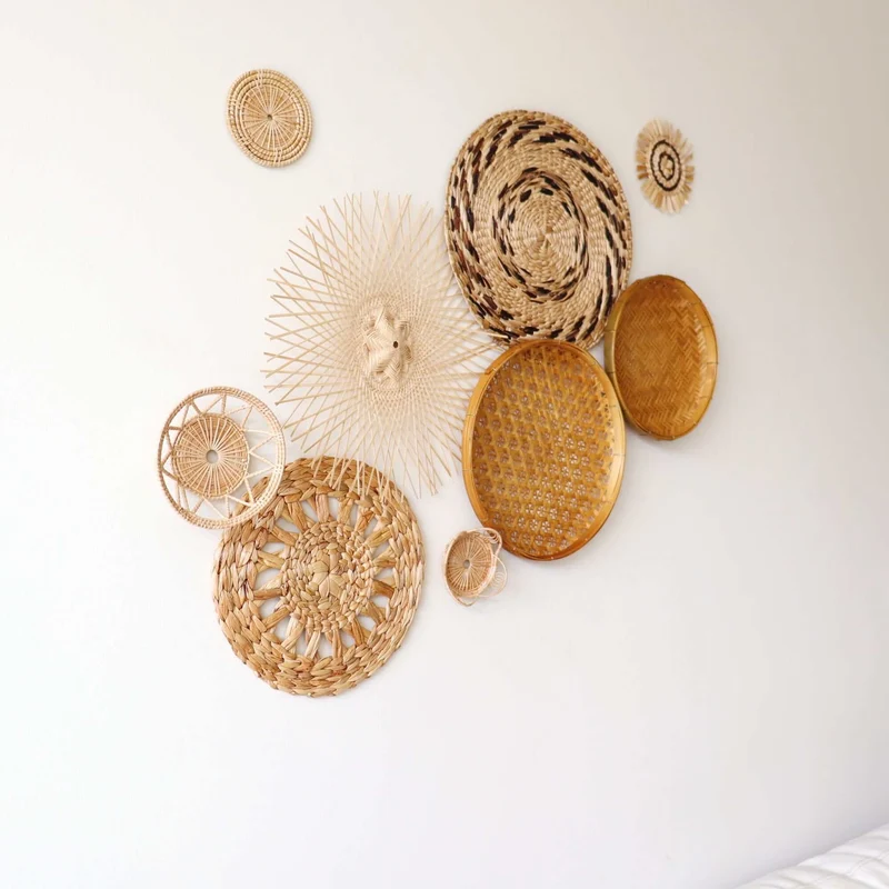 Natural & Brown Mixed Bamboo Wall Decor Set of 9 — Boho Handwoven Spotted Basket Gallery Wall Art