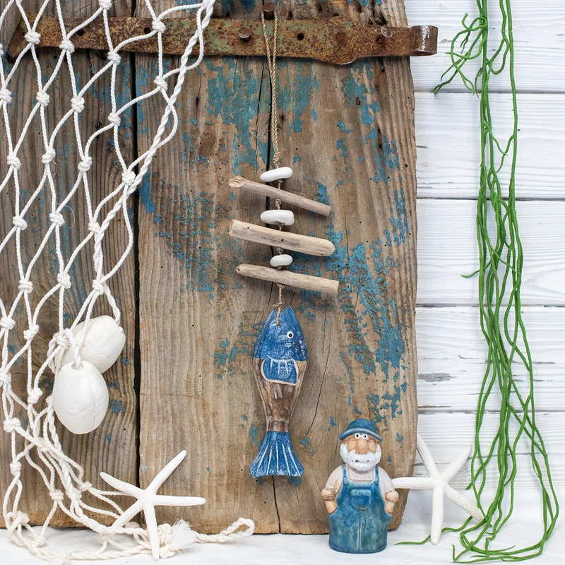 Windspiel maritim 2er-Set Treibholz ca. 35-40 cm - Fisch & Segelboot