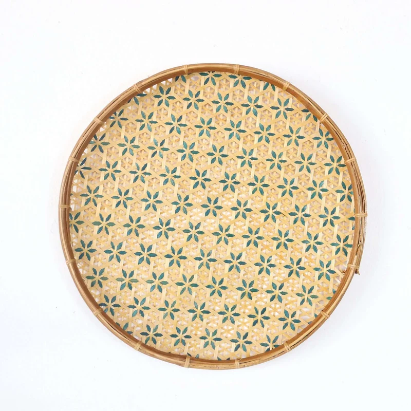 Yellow & Teal Bamboo Hanging Basket Wall Decor — Boho Handwoven Wicker Wall Art, 13 in
