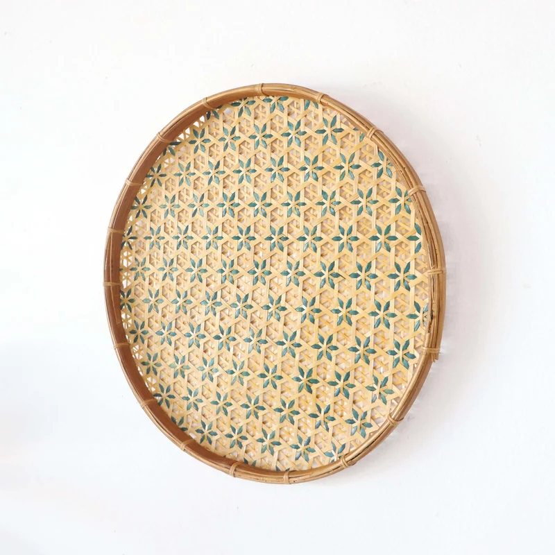 Yellow & Teal Bamboo Hanging Basket Wall Decor — Boho Handwoven Wicker Wall Art, 13 in
