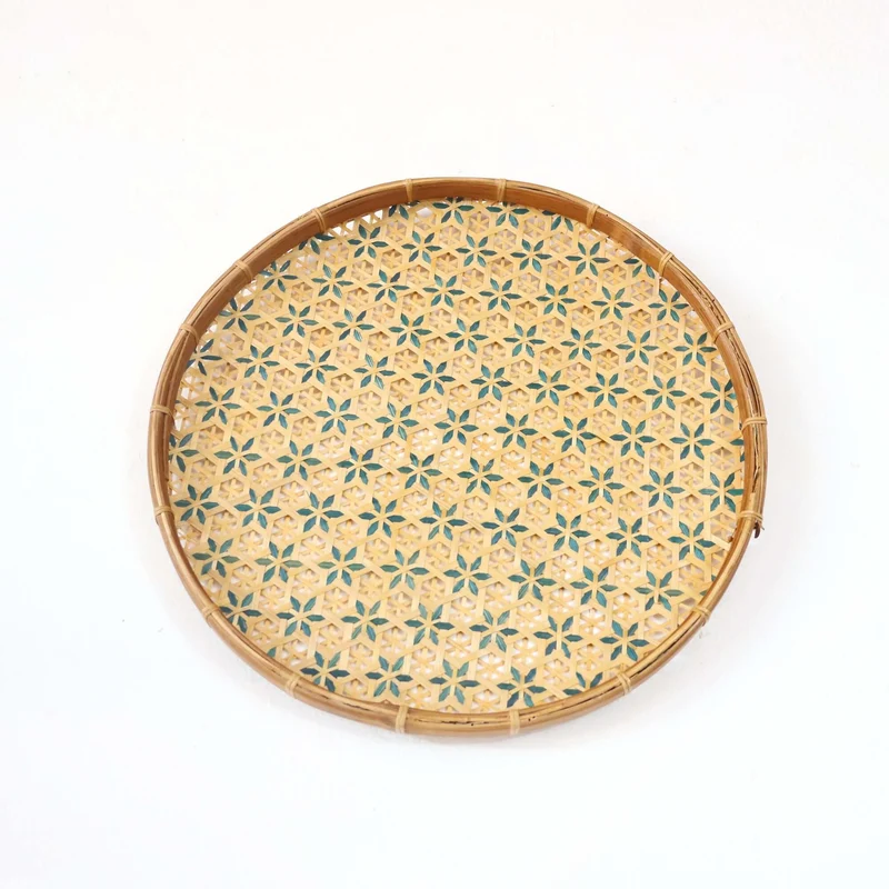 Yellow & Teal Bamboo Hanging Basket Wall Decor — Boho Handwoven Wicker Wall Art, 13 in