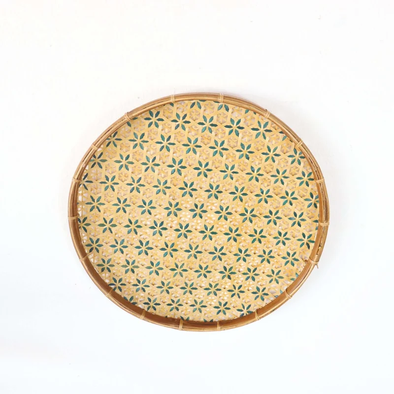 Yellow & Teal Bamboo Hanging Basket Wall Decor — Boho Handwoven Wicker Wall Art, 13 in
