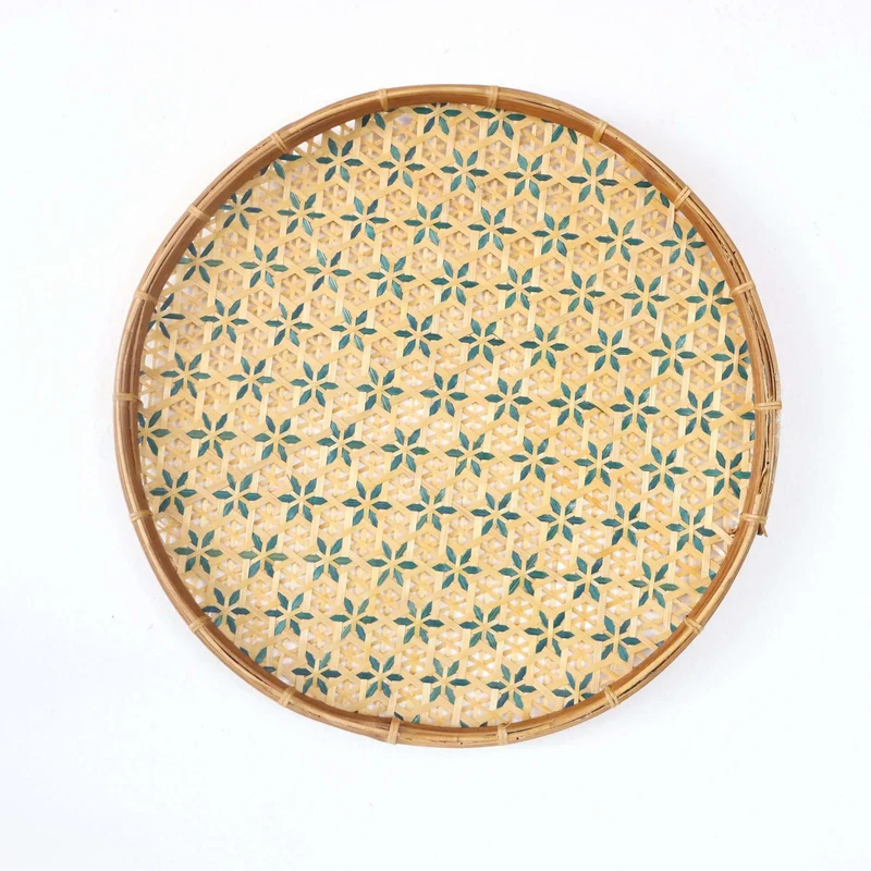 Yellow & Teal Bamboo Hanging Basket Wall Decor — Boho Handwoven Wicker Wall Art, 13 in