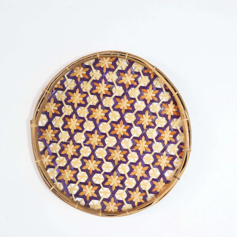 Purple & Gold Bamboo Wall Plate Decor — Boho Handwoven Star-Pattern Wicker Wall Art, 8 in
