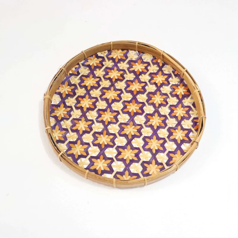 Purple & Gold Bamboo Wall Plate Decor — Boho Handwoven Star-Pattern Wicker Wall Art, 8 in