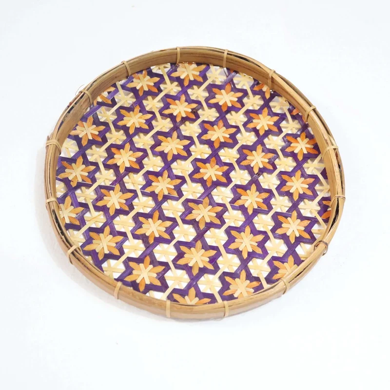 Purple & Gold Bamboo Wall Plate Decor — Boho Handwoven Star-Pattern Wicker Wall Art, 8 in
