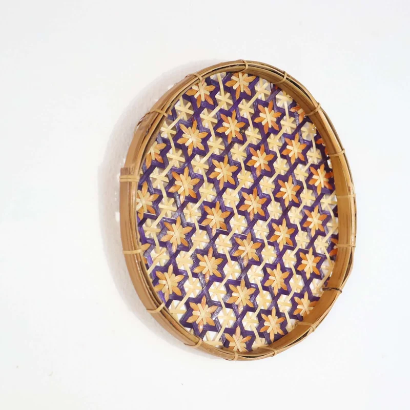 Purple & Gold Bamboo Wall Plate Decor — Boho Handwoven Star-Pattern Wicker Wall Art, 8 in