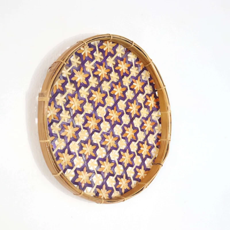Purple & Gold Bamboo Wall Plate Decor — Boho Handwoven Star-Pattern Wicker Wall Art, 8 in